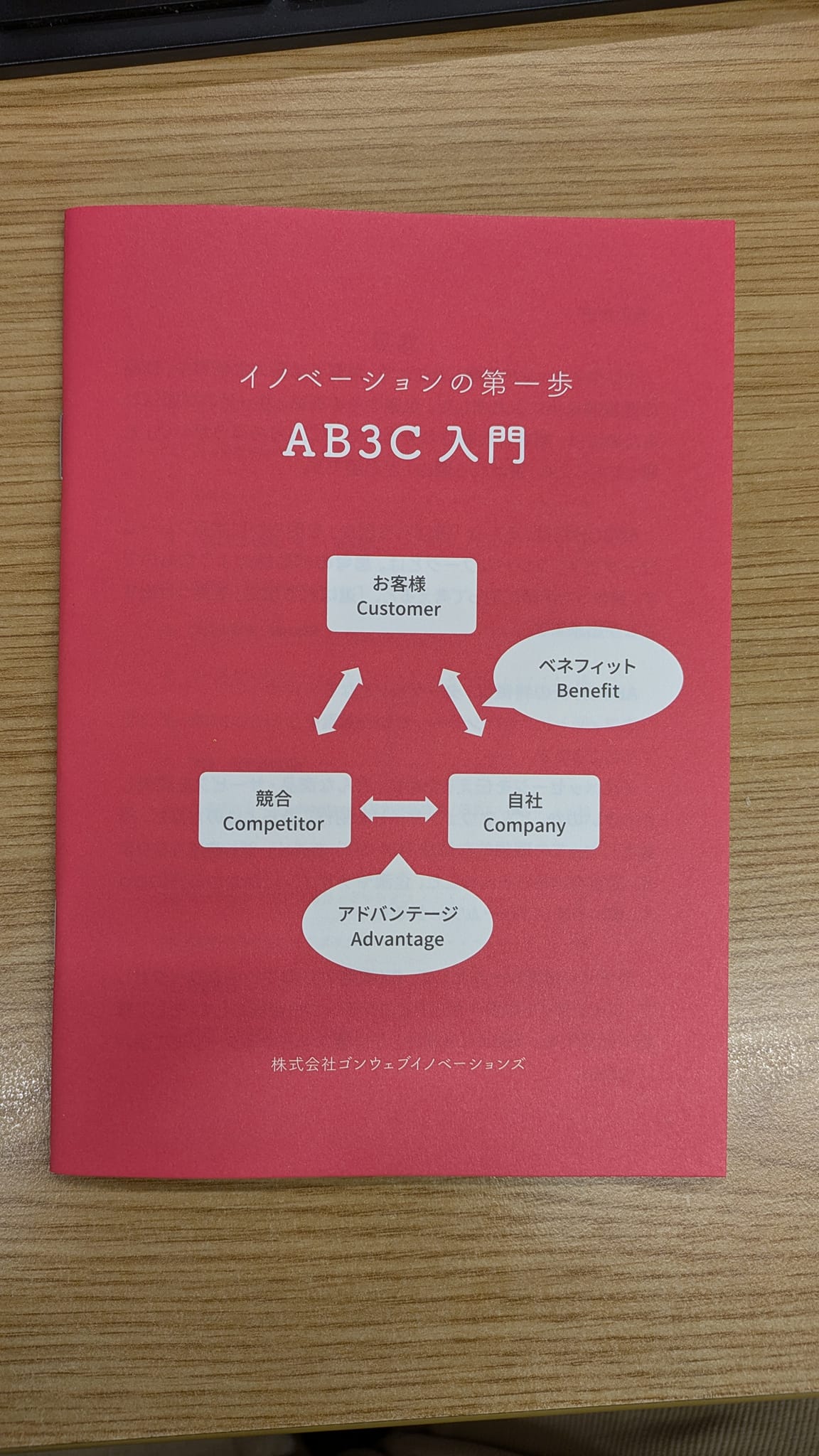 『イノベーションの第一歩 AB3C入門』。お客様（Customer）・自社（Company）・競合（Competitor）の3Cに、ベネフィット（Benefit）とアドバンテージ（Advantage）を加えた5要素のフレームワーク