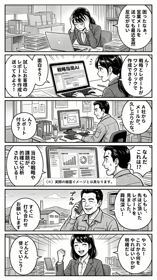 まんが: 営業向け——反応のない営業メールが、分析レポート添付で商談につながる
